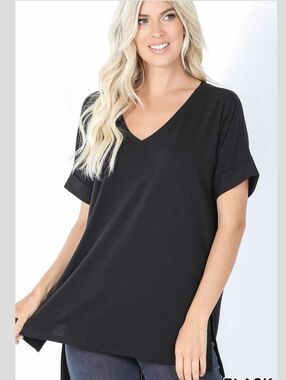 Zenana Outfitters Rolled Short Sleeve V Neck Black Flowy Top, Casual, Summery L